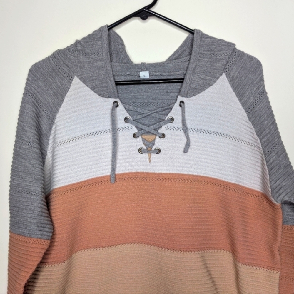 Women's Pastel Color Block Pullover Hoodie with Criss Cross V Neck Size Large - Picture 3 of 16